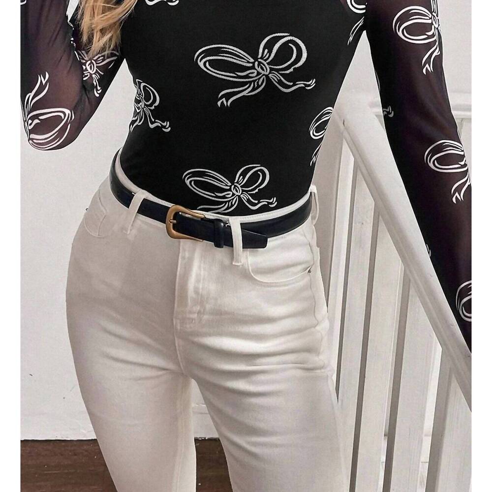 NEW SHEWIN roundneck bow print long sleeve mesh top in black